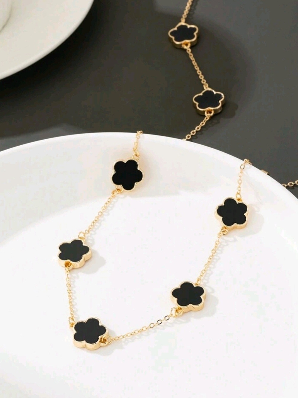 Gold Four Leaf Clover Necklace with Black Clover Accents - Women Jewelry